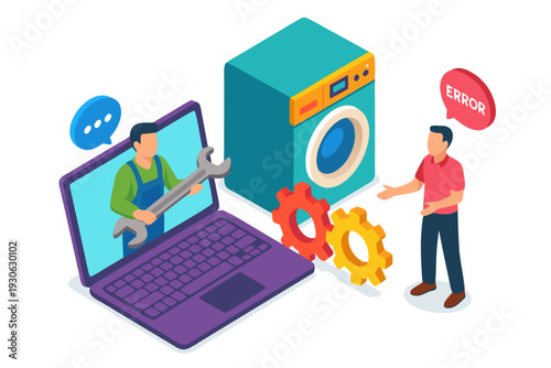 Technician troubleshooting washing machine with laptop in modern repair shop