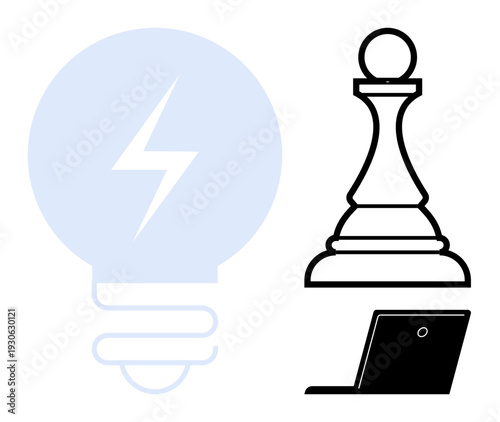 Innovation, strategic planning, decision-making, creativity, leadership, digital transformation. Lightbulb with bolt, chess pawn and laptop. Innovation and strategic planning concept