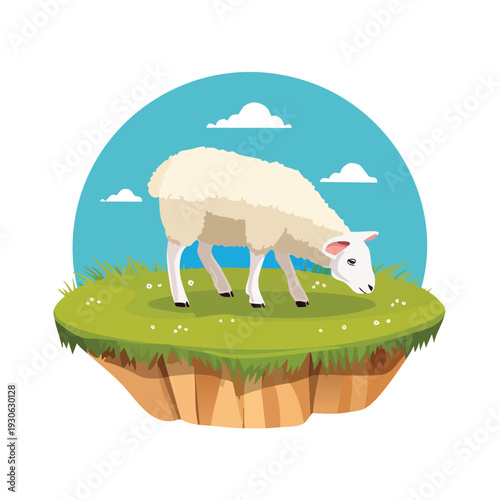 Cartoon sheep grazing on a green island under blue sky
