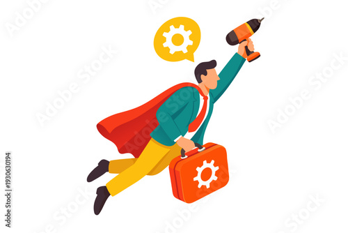 Dynamic businessman flying with superhero cape and drill