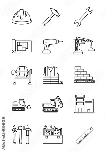 Construction Tools and Equipment Icons Set.
