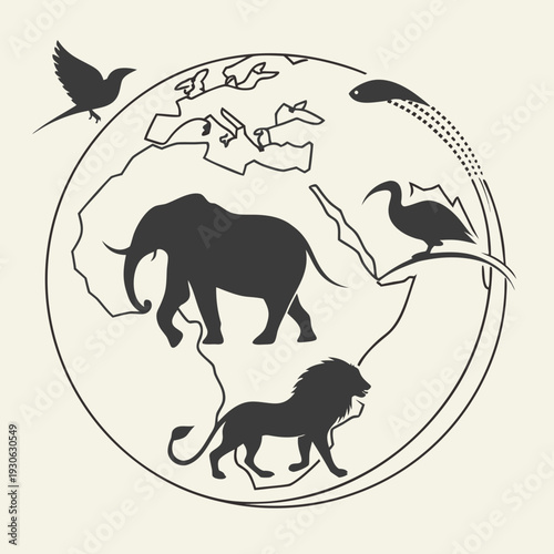 Silhouette animals on globe, elephant, lion, bird, fish, crane, rhino on world map, wildlife conservation concept illustration, dark grey
