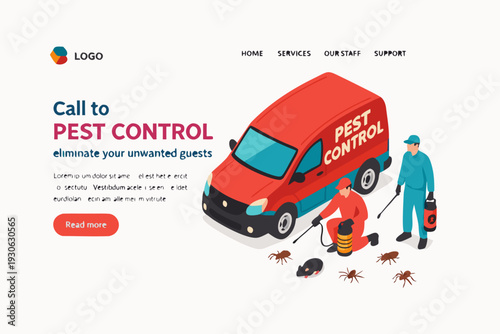 Pest control professionals eliminating unwanted pests outside truck