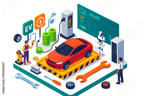 Electric vehicle charging station with mechanics working on car