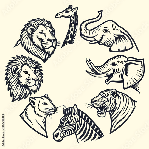 Set of african animal heads in a circular frame, including a powerful lion, tall giraffe, mighty elephant, rhino, tiger, zebra, and lioness