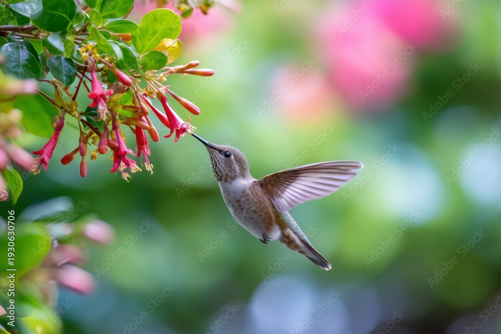 Fototapeta premium Hummingbird Feeding on Tropical Flowers 