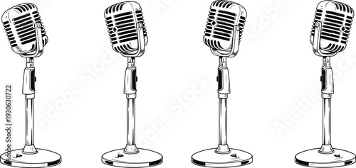 Vintage retro microphone set vector illustration, classic studio recording mic collection isolated, black and white broadcast equipment design