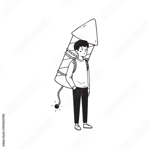 Hand drawn vector illustration of a sad young man tied to a giant firework rocket with a lit fuse. Black and white doodle line art concept of business startup, risky launch, extreme pressure, or burno