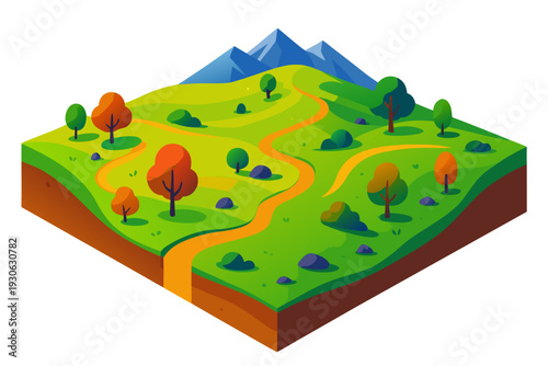 Vibrant landscape with winding road through green hills and mountains