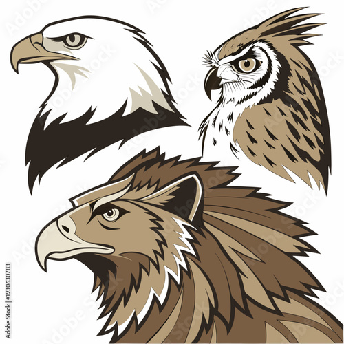 Set of stylized eagle and owl head illustrations in monochromatic brown tones with sharp lines and detailed feathers for predatory animal designs
