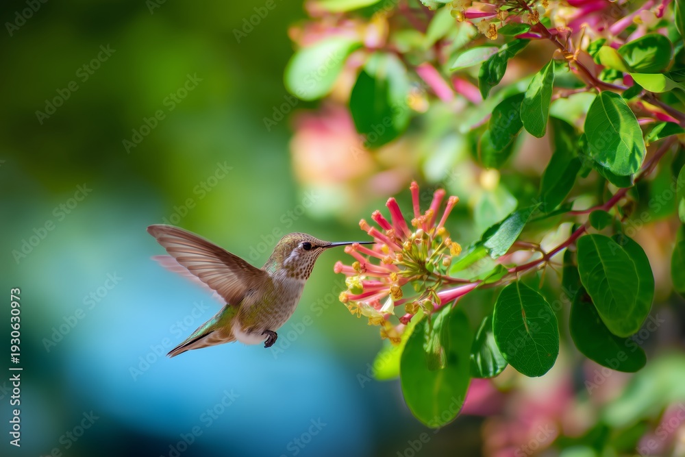 Fototapeta premium Hummingbird Feeding on Tropical Flowers