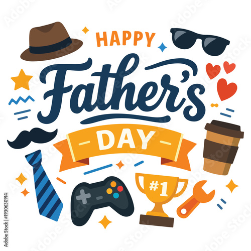 Happy Father’s Day – Cute Dad and Son Flat Icon Design with Typography