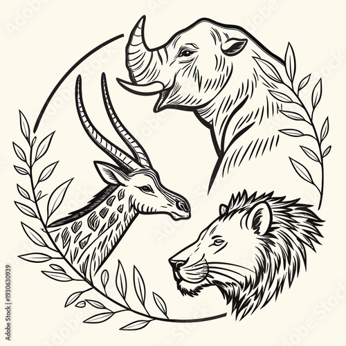 African wildlife animals rhino gazelle lion head vintage sketch illustration framed by branches, zoology portrait, fauna gathering