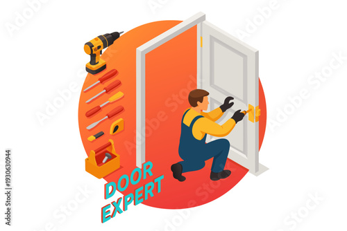 Door expert installing door door, expert, installation, repair, construction, carpentry, tools, drill, hardware, home, improvement, renovation, maintenance, worker, laborer, prof power drill and tools