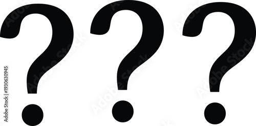 Set of three black question mark icons on white background for help, support, faq, mystery, confusion, and information vector designs,