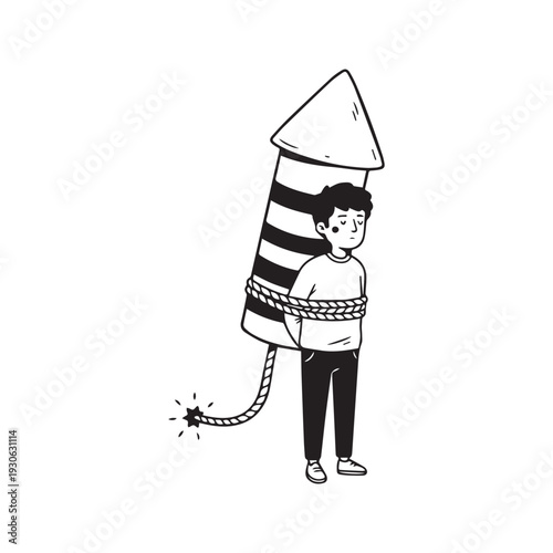 Hand drawn vector illustration of a sad young man tied to a giant firework rocket with a lit fuse. Black and white doodle line art concept of business startup, risky launch, extreme pressure, or burno