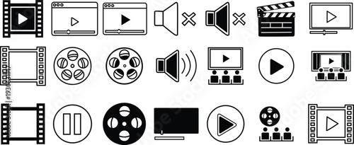Video production icons set with play buttons and multimedia symbols