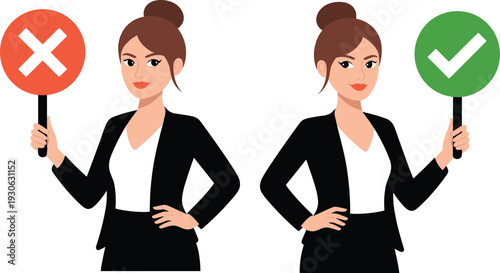Businesswoman holding approval and disapproval signs, correct versus wrong concept, decision making illustration, vector character design with checkmark and cross