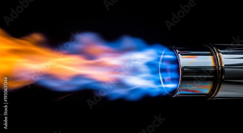 High speed jet of flame and sparks from a metal nozzle.