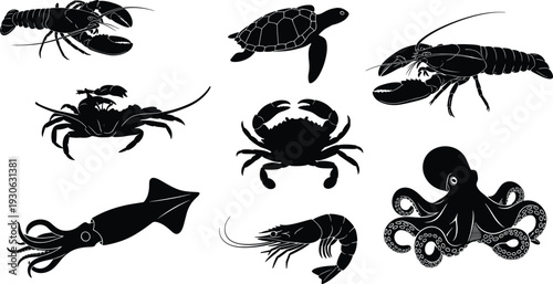 Silhouette marine animals vector illustration, lobster, crab, octopus, squid, shrimp, sea turtle, aquatic wildlife icons, ocean creatures design