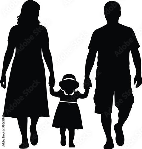 Silhouette of a happy family, father mother and daughter walking together, holding hands, parents with child isolated on white background