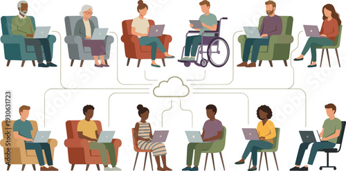 Remote teamwork and online collaboration illustration showing diverse people using laptops connected through cloud technology in modern digital workspace environment