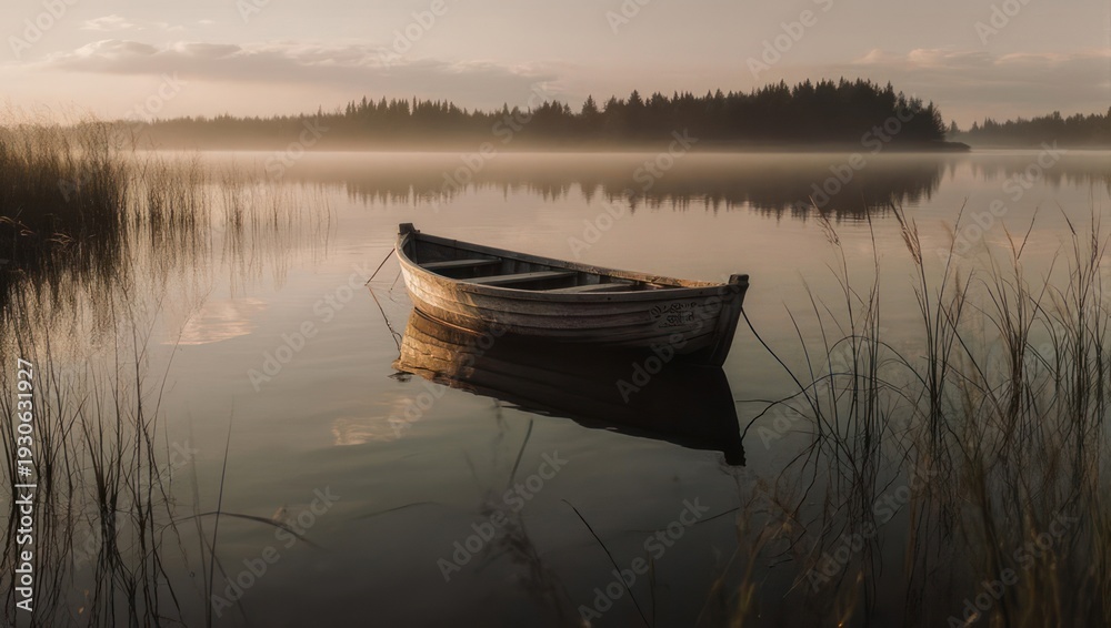 Fototapeta premium Solitary Canoe on a Calm Misty Lake at Sunrise.