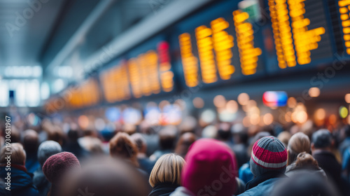 Airline passengers waiting in crowded airport terminal with delayed flight information on departure boards, perfect for travel delay concept, flight disruption, transportation bott