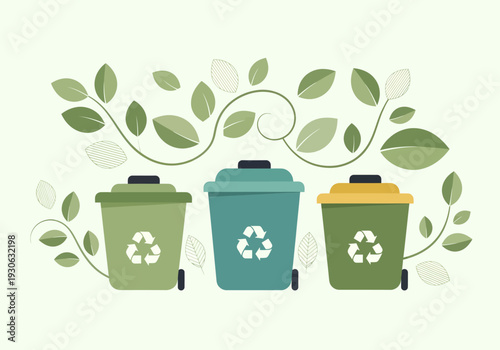 Recycling Bins with Green Leaves and Vines.