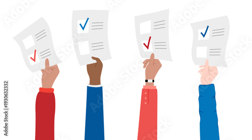 Hands holding voting blanks. Vector conceptual illustration of voting or election day. Vector horizontal border from human hands up with decoration element.