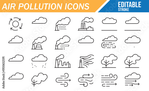 Air Pollution Editable Line Icons Set with Smog, Factory Emissions, Vehicle Exhaust, Climate Change and Environmental Contamination Symbols, Outline Vector Illustration for Ecology Awareness