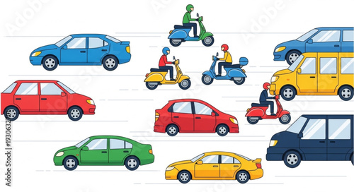 Colorful Cars and Motorcycles Illustration.