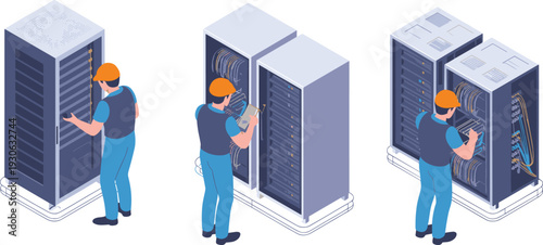 Isometric data analytics dashboard illustration, modern business intelligence report with charts graphs statistics on desktop computer screen digital marketing concept