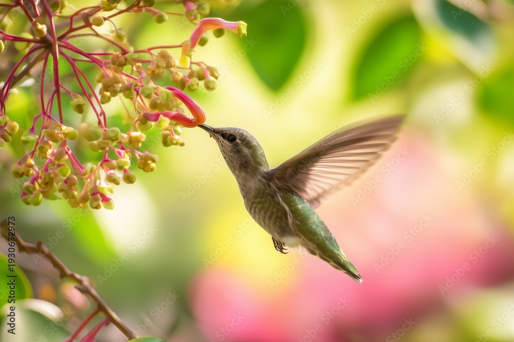 Fototapeta premium Hummingbird Feeding on Tropical Flowers 