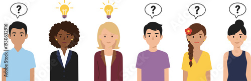 Group of people with light bulbs and question marks, brainstorming confusion and ideas concept, teamwork problem solving vector illustration design