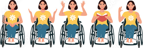 Woman in wheelchair character poses set, expressive gestures reading book, waving, raising hands, inclusivity diversity vector illustration design