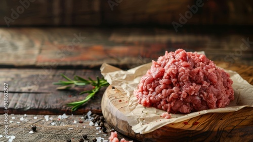 Raw ground beef on a wooden board with herbs and salt. The scene features a rustic kitchen setting with natural wood textures.