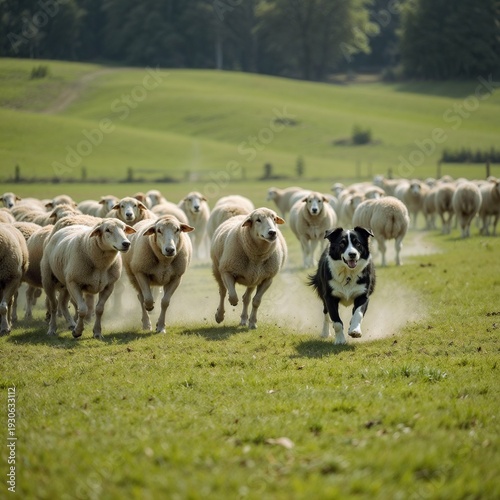 Shepherd dog herding sheep joyfully in a green pasture
