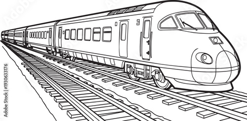 A black and white illustration of a bullet train on railroad tracks