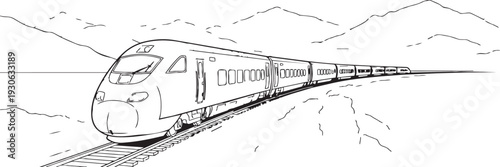 A train traveling through a scenic mountain landscape in a black and white sketch