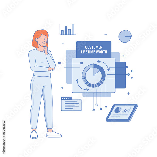 Woman contemplating customer lifetime worth data analysis.