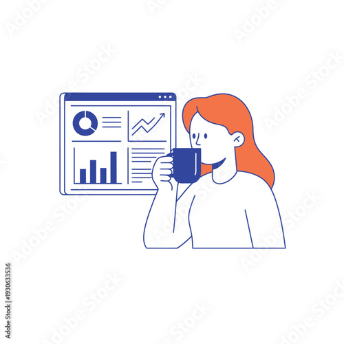 Woman drinking coffee while looking at business analytics dashboard.