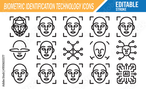 Editable Biometric Identification Line Icon Set for Security Systems