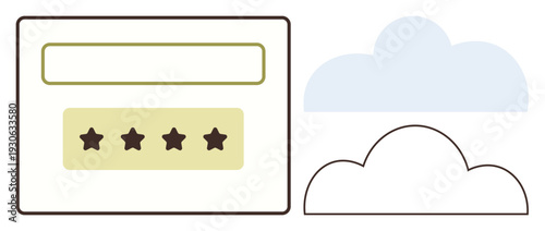 Customer feedback, cloud storage, user interface design, online reviews, rating systems, data management. Stars in a rating box next to abstract cloud shapes. Customer feedback and cloud storage