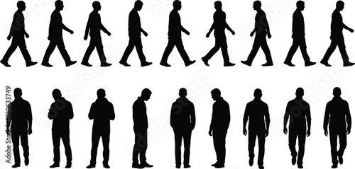 Walking man silhouettes collection, male people walking poses set, casual pedestrian movement sequence vector illustration isolated on white