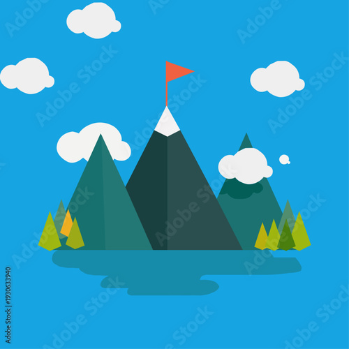 Flat vector illustration of a mountain peak with a red flag, representing success, achievement, and reaching goals. Minimalist landscape with clouds and evergreen trees over a blue lake.