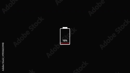 Low Battery Power Icon Animation on Black Background, Minimal Energy Alert Loop for Tech and battery low animation, UI Notifications, red blinking low battery notification icon animation.


