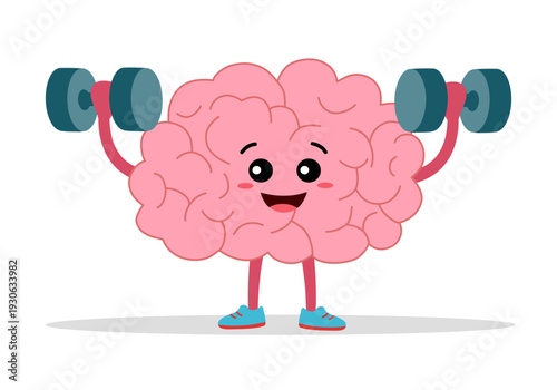 Cute strong brain character lifting up weight dumbbells for brain training exercise concept