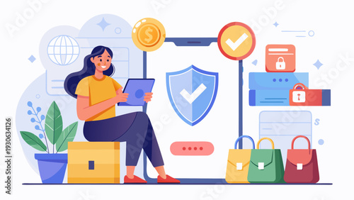 Flat vector illustration of secure online shopping concept showing a person paying on smartphone with lock and shield symbols. Cybersecurity, safe online payments, e-commerce protection and digital se