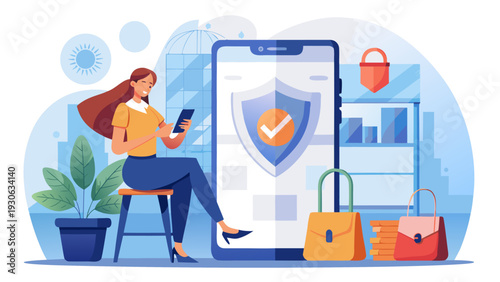 Flat vector illustration of secure online shopping concept showing a person paying on smartphone with lock and shield symbols. Cybersecurity, safe online payments, e-commerce protection and digital se